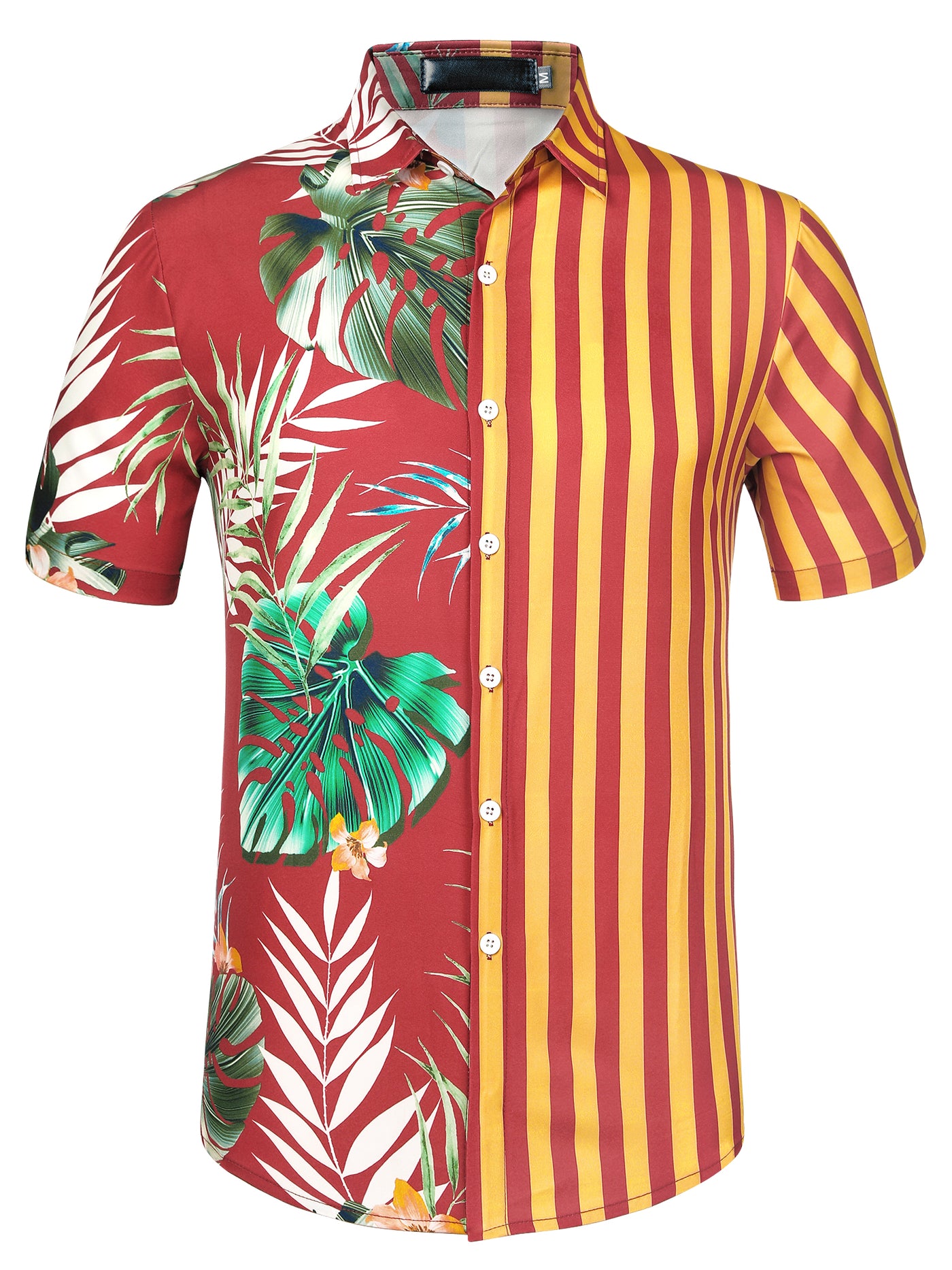 Bublédon Hawaiian Summer Leaf Printed Stripe Patchwork Shirt