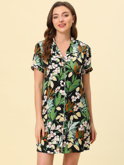 Floral Lounge Nightdress Pajama Button Down Soft Satin Shirt Dress