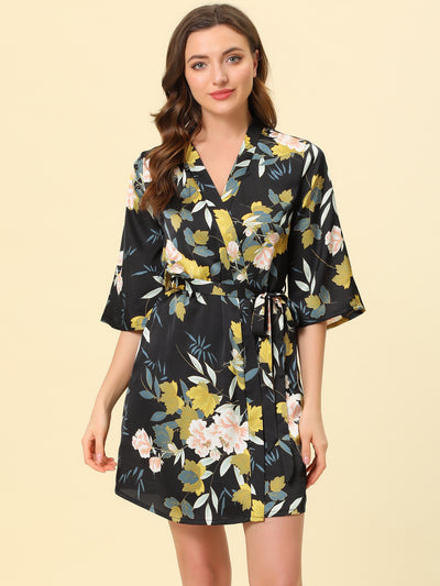 Women's Pajama Silk Tie Waist Floral Satin Robes