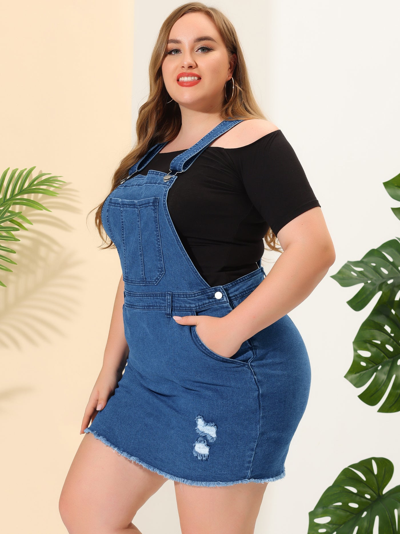 Bublédon Chic Ripped Denim Plus Size Suspender Overall Skirt