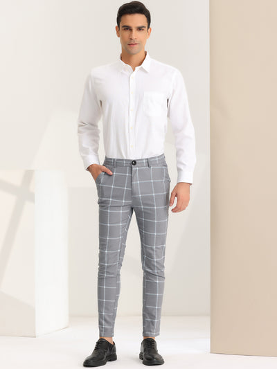 Men's Plaid Dress Pants Skinny Fit Flat Front Business Checked Trousers