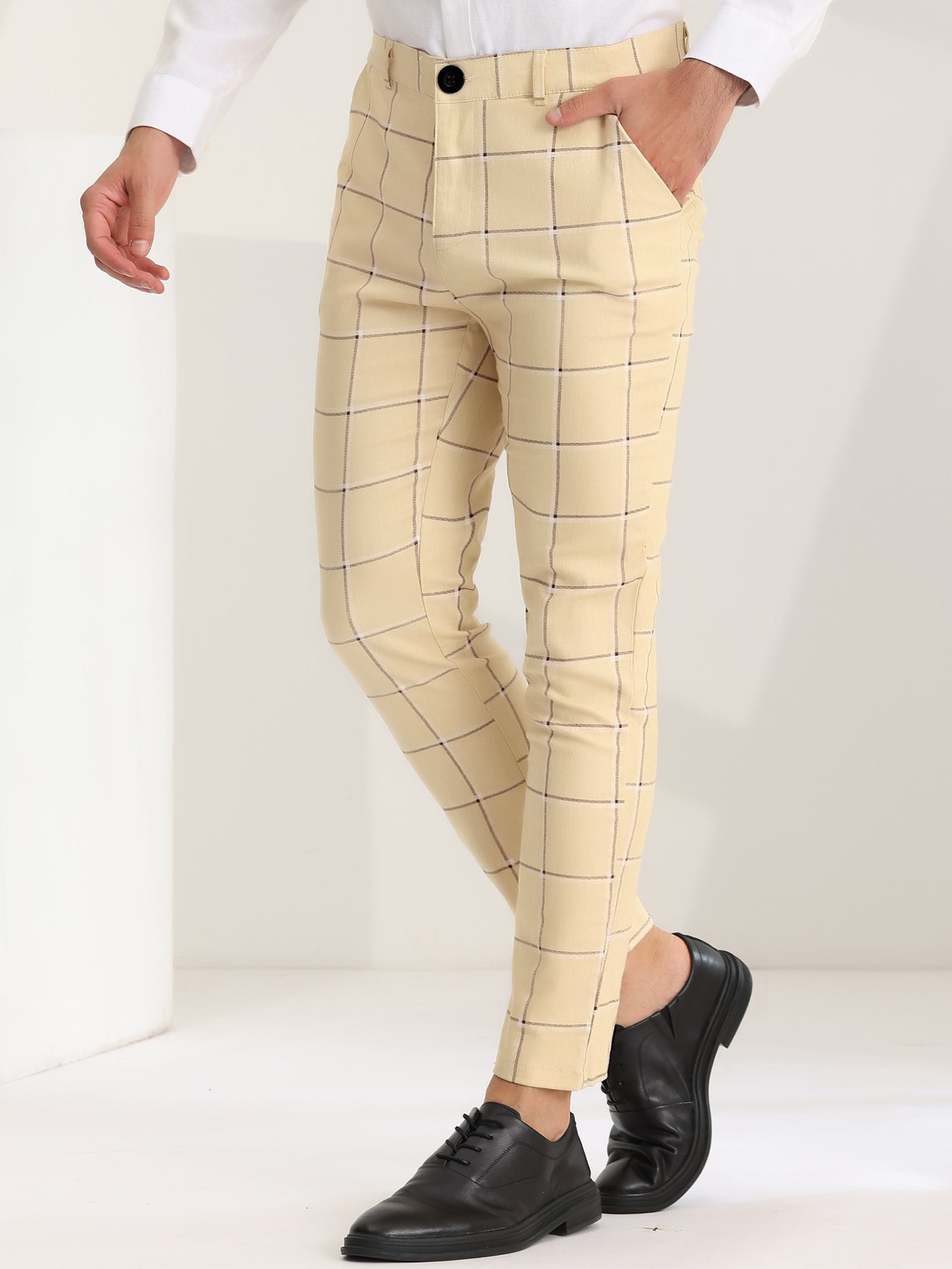 Bublédon Men's Plaid Dress Pants Skinny Fit Flat Front Business Checked Trousers
