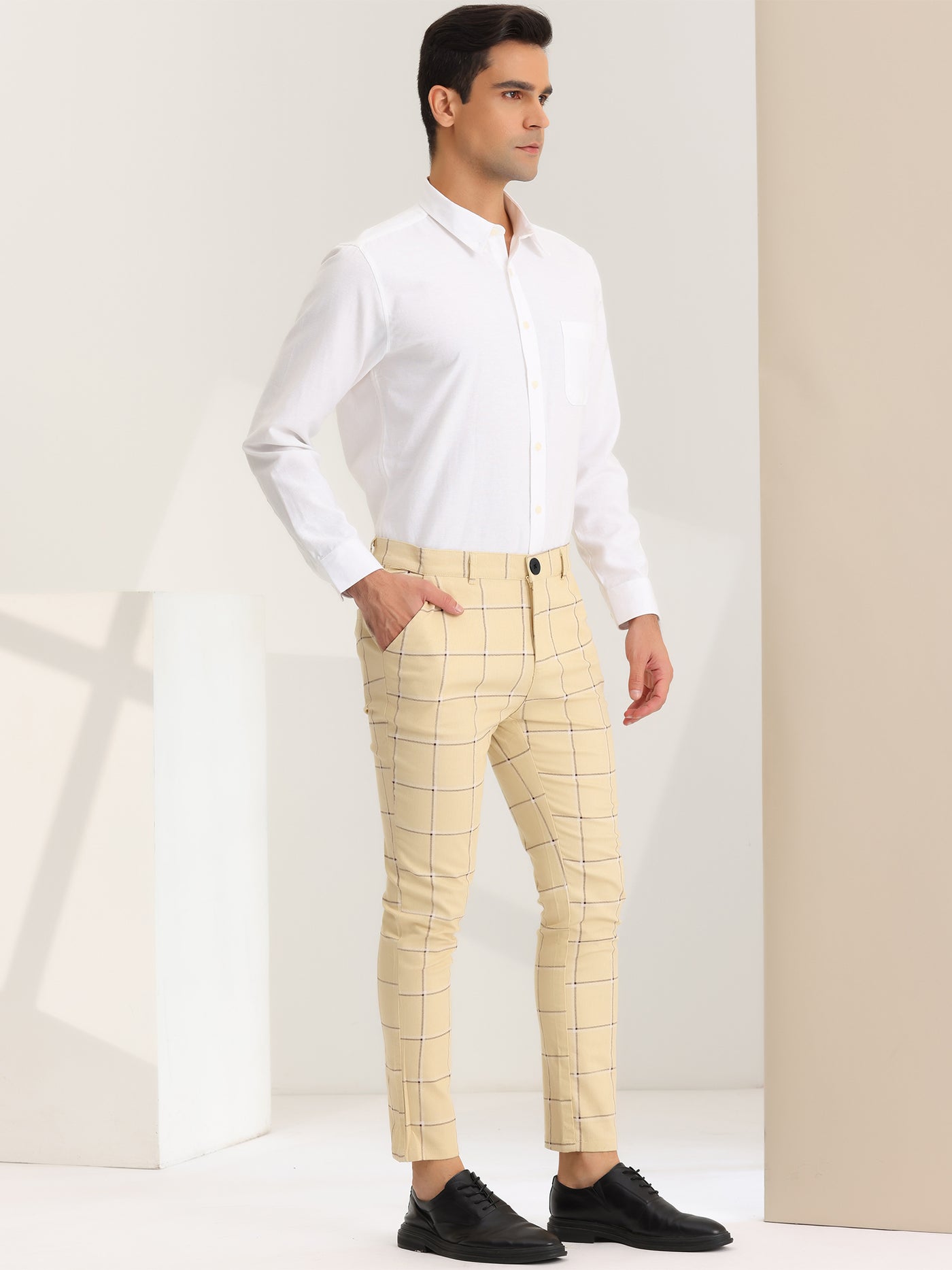 Bublédon Men's Plaid Dress Pants Skinny Fit Flat Front Business Checked Trousers