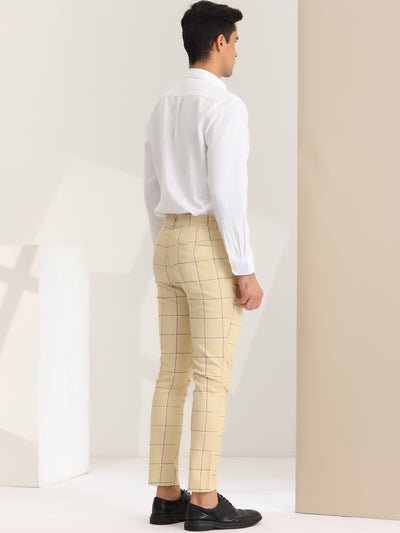 Men's Plaid Dress Pants Skinny Fit Flat Front Business Checked Trousers