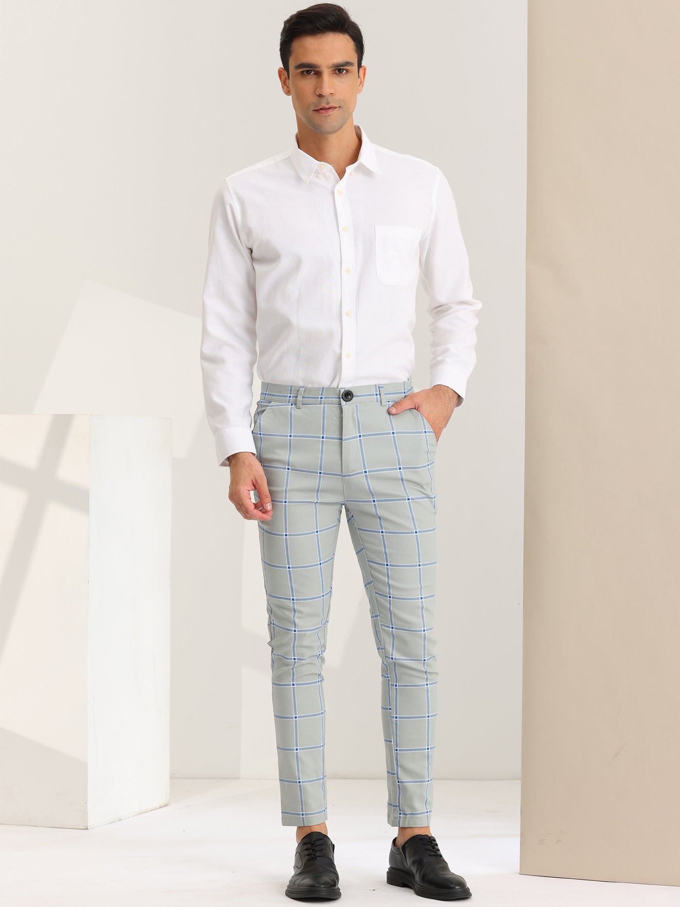 Bublédon Men's Dress Plaid Pants Classic Fit Color Block Formal Checked Trousers