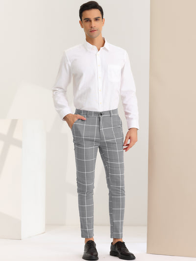 Men's Dress Plaid Pants Slim Fit Flat Front Business Work Checked Trousers