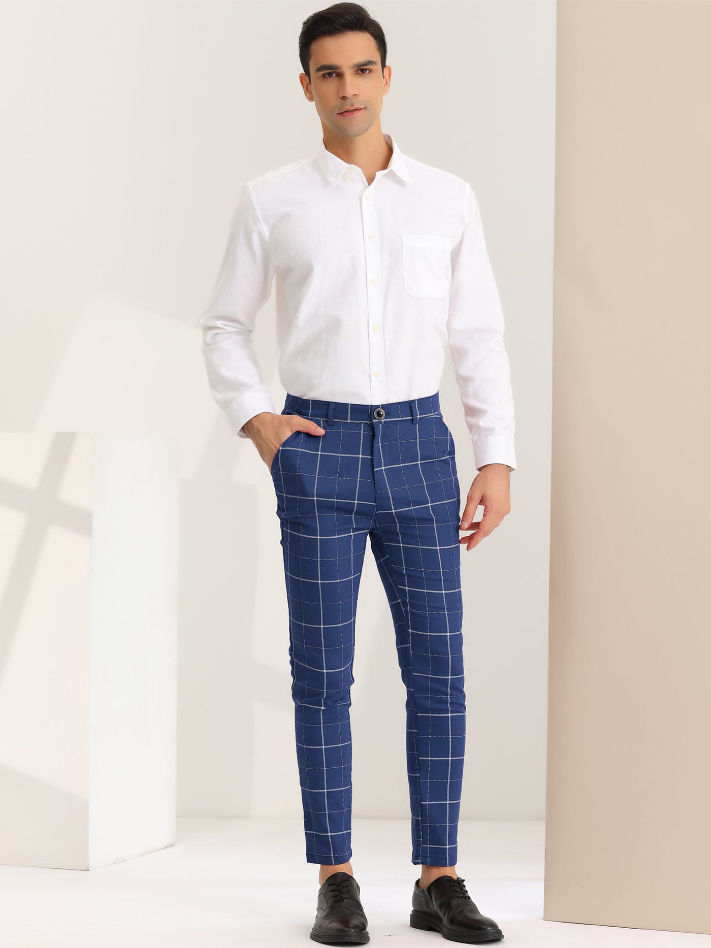 Bublédon Men's Dress Plaid Pants Slim Fit Flat Front Business Work Checked Trousers
