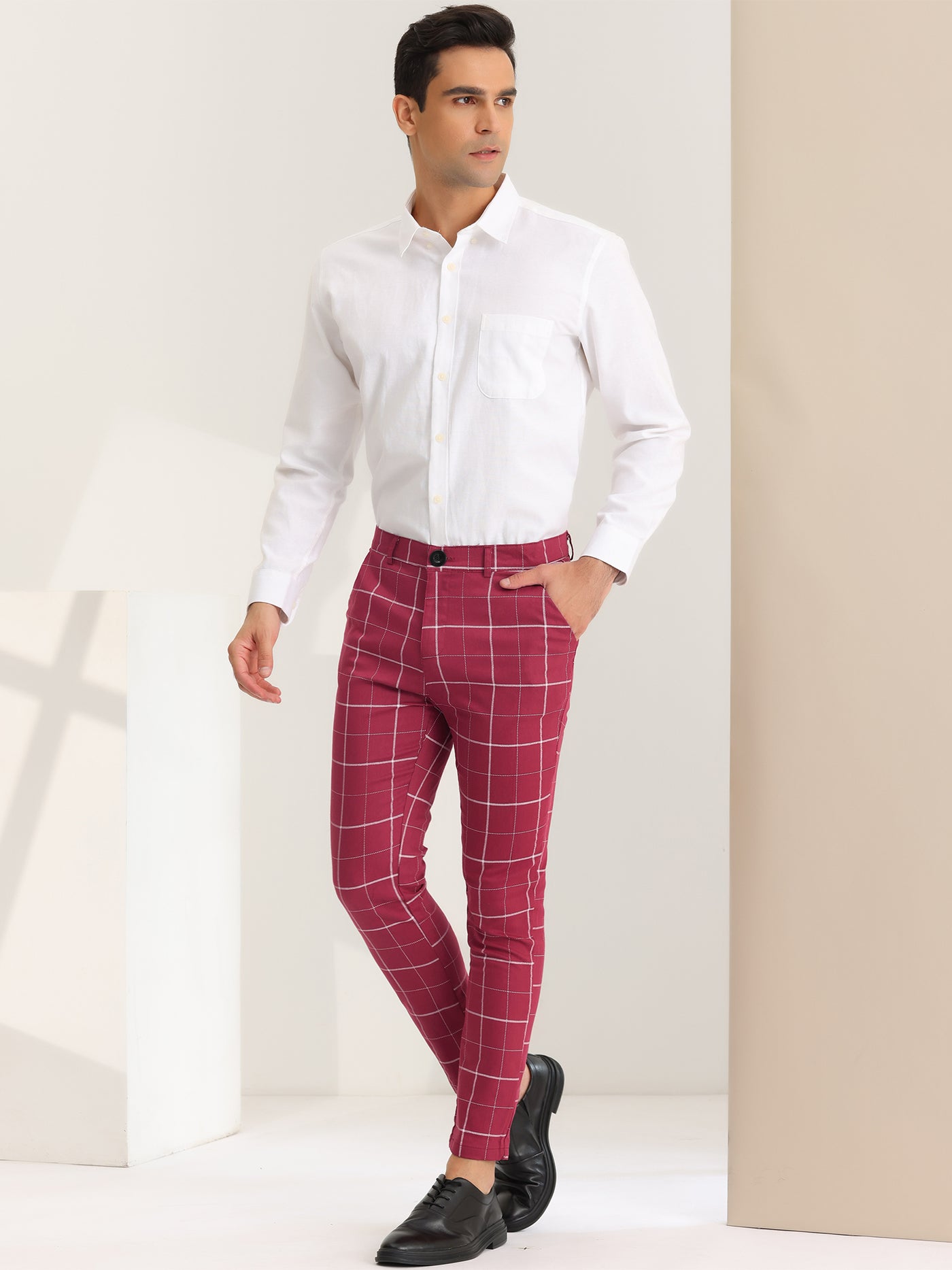 Bublédon Men's Dress Plaid Pants Slim Fit Flat Front Business Work Checked Trousers
