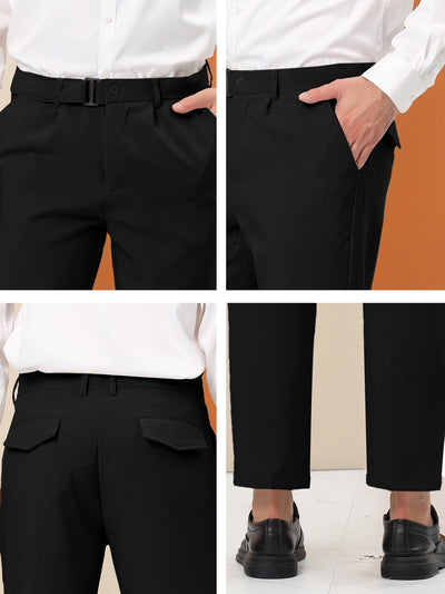Straight Fit Flat Front Solid Business Trousers with Belt