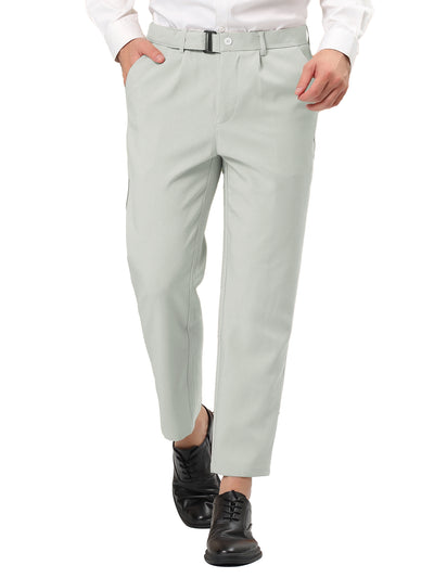 Straight Fit Flat Front Solid Business Trousers with Belt
