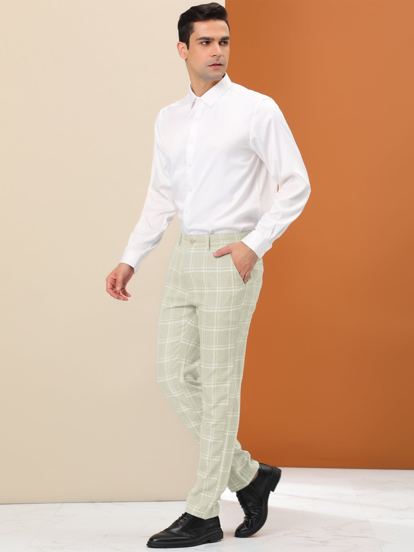Bublédon Men's Plaid Dress Pants Regular Fit Flat Front Prom Checked Trousers