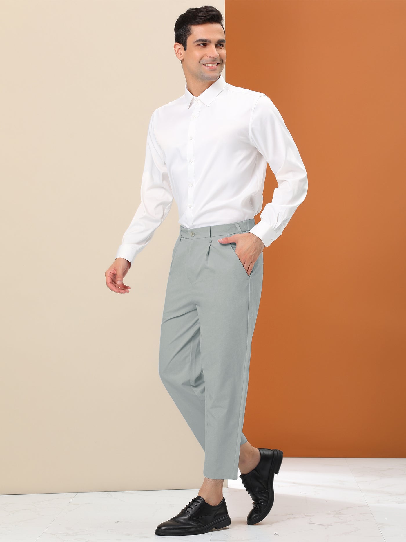 Bublédon Men's Formal Cropped Solid Color Slim Fit Pleated Office Dress Pants
