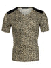 Leopard Print V Neck PU Panel Short Sleeve T-shirts