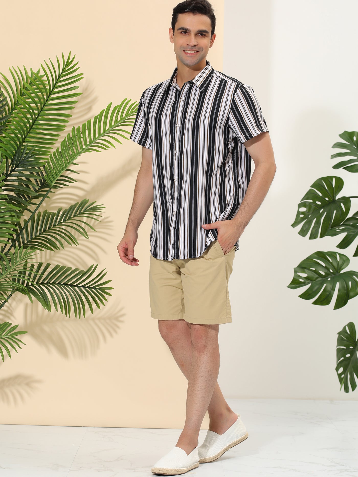 Bublédon Irregular Stripe Print Short Sleeves Button Down Beach Shirt