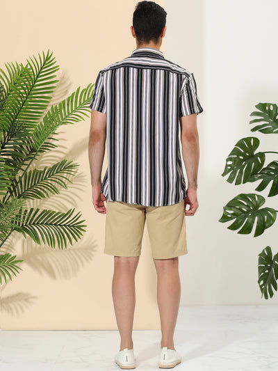 Irregular Stripe Print Short Sleeves Button Down Beach Shirt