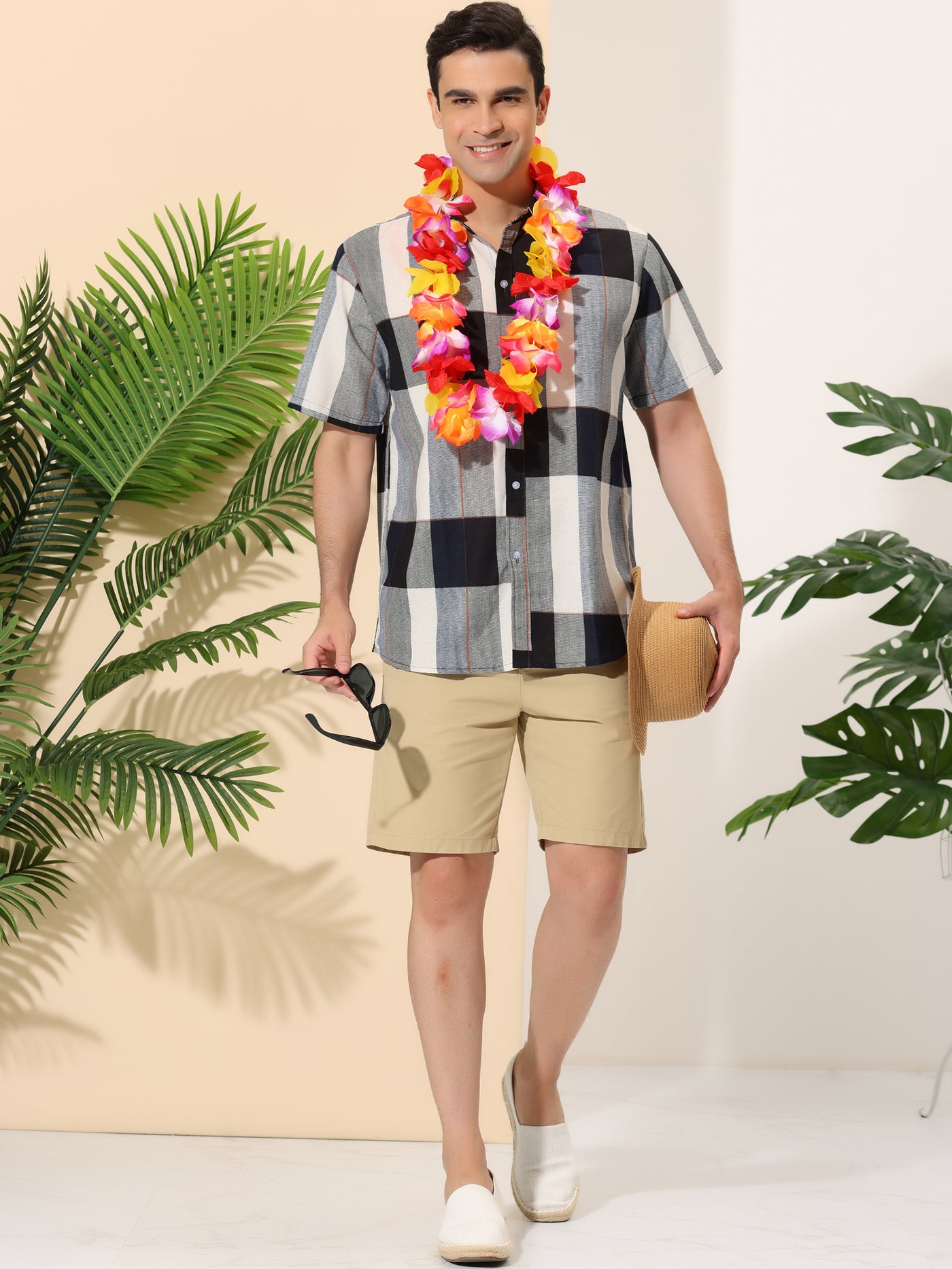 Bublédon Checked Short Sleeve Color Block Hawaiian Plaid Shirts