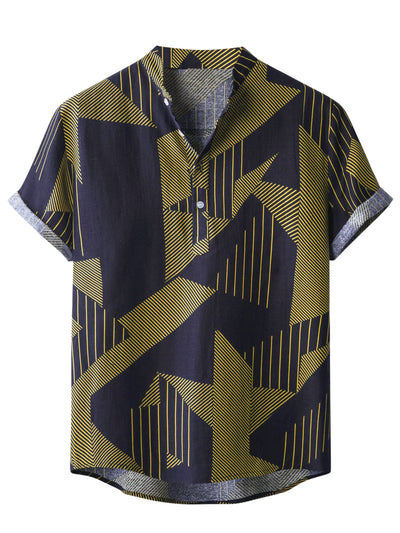 Short Sleeve Color Block Irregular Geometric Henley Shirts