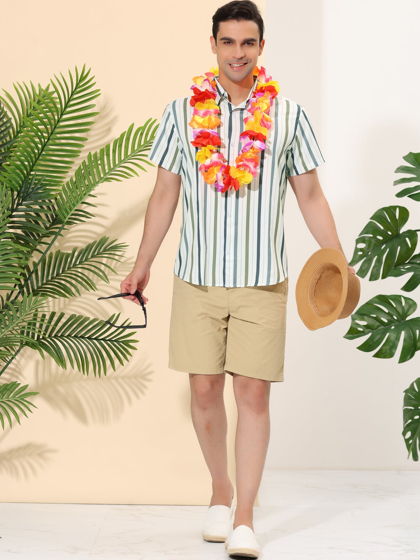 Bublédon Men's Summer Striped Shirt Button Down Short Sleeve Color Block Hawaiian Shirts