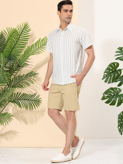 Men's Summer Striped Shirt Button Down Short Sleeve Color Block Hawaiian Shirts