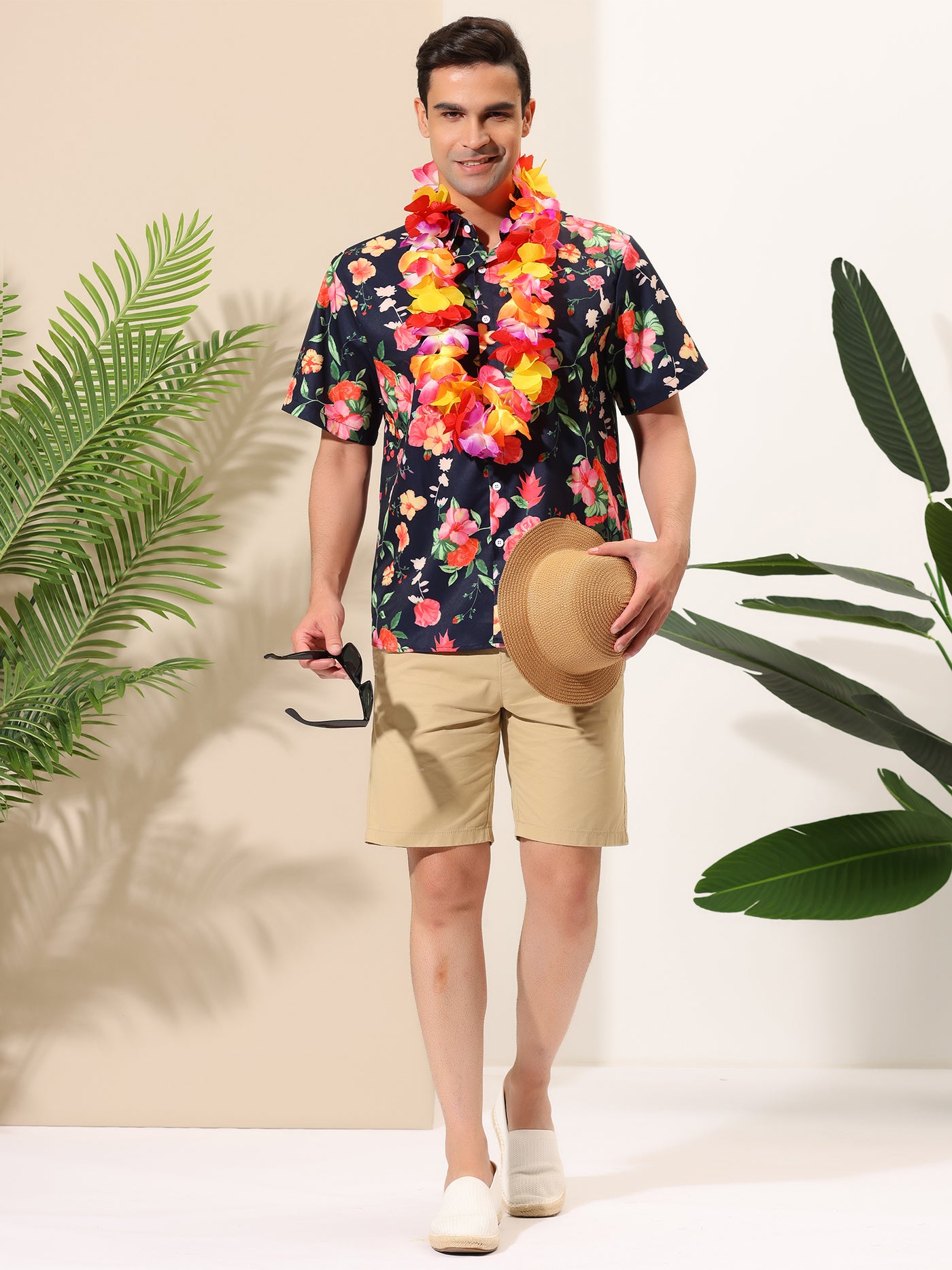 Bublédon Hawaiian Floral Print Short Sleeve Button Beach Shirt