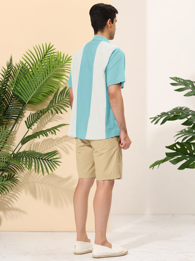 Striped Print Short Sleeve Hawaiian Color Block Shirt