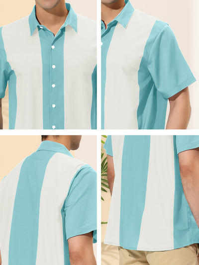 Striped Print Short Sleeve Hawaiian Color Block Shirt