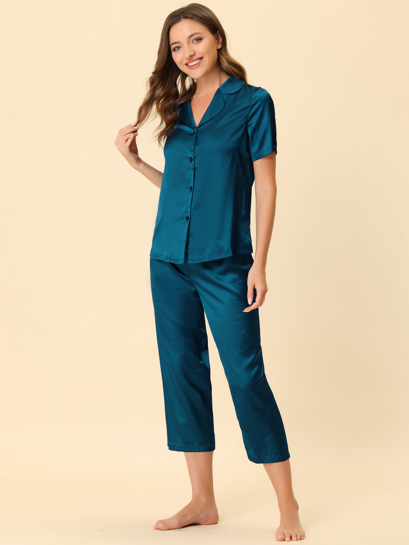 Bublédon Women's Pajama Loungewear Tops and Capri Pants Satin Sets