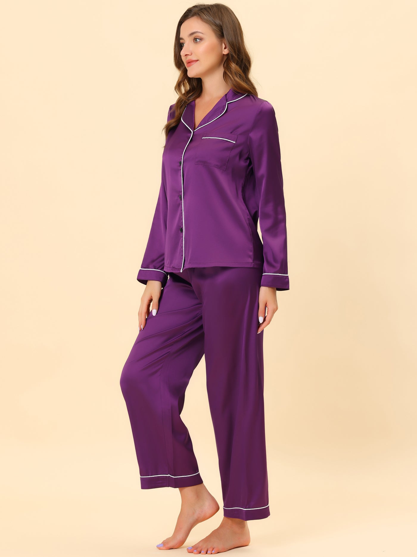 Bublédon Women's Pajama Loungewear Long Sleeves Tops and Pants Satin Sets