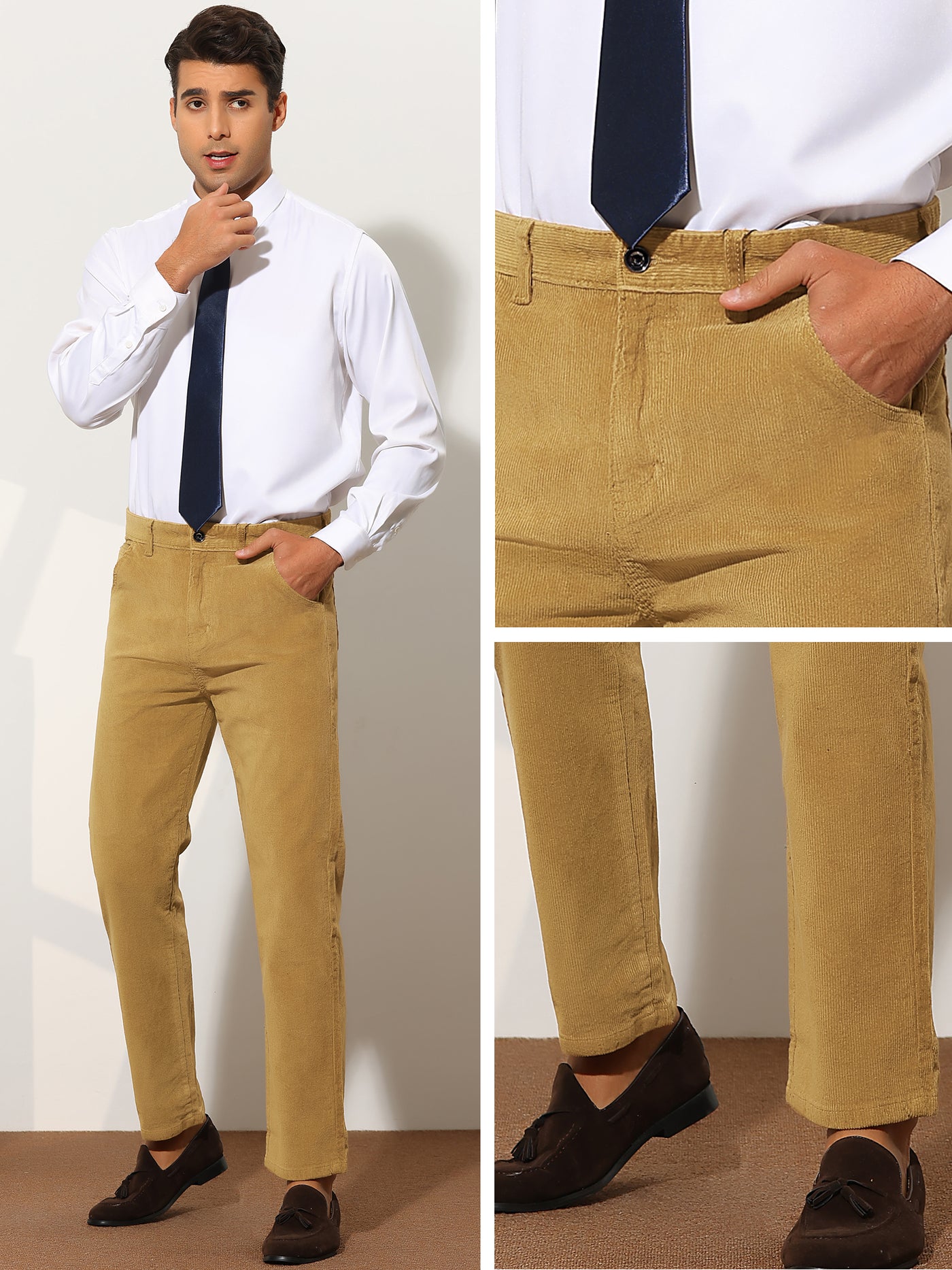 Bublédon Corduroy Dress Pants for Men's Straight Fit Flat Front Work Office Trousers