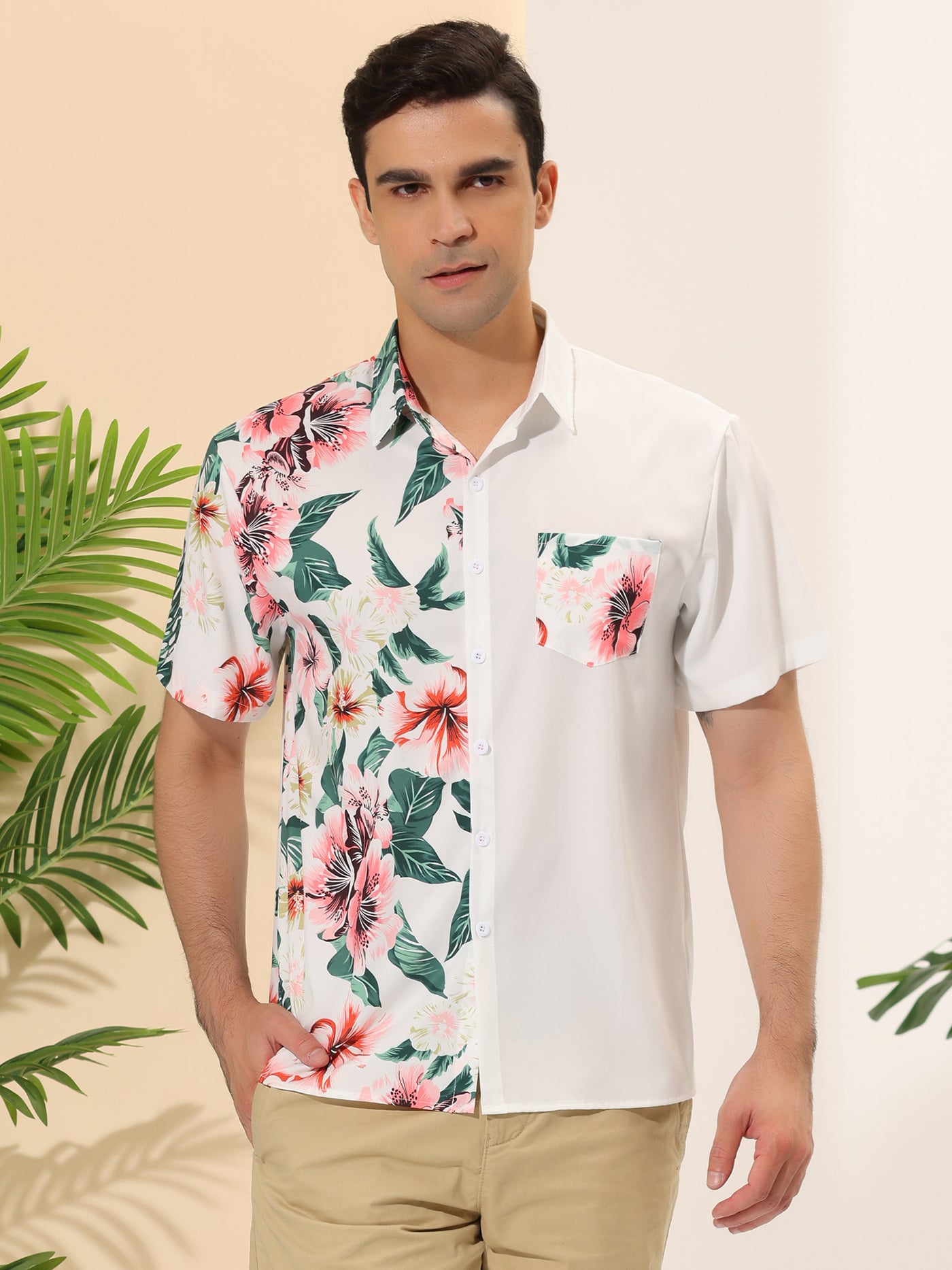 Bublédon Floral Printed Patchwork Point Collar Hawaiian Shirt