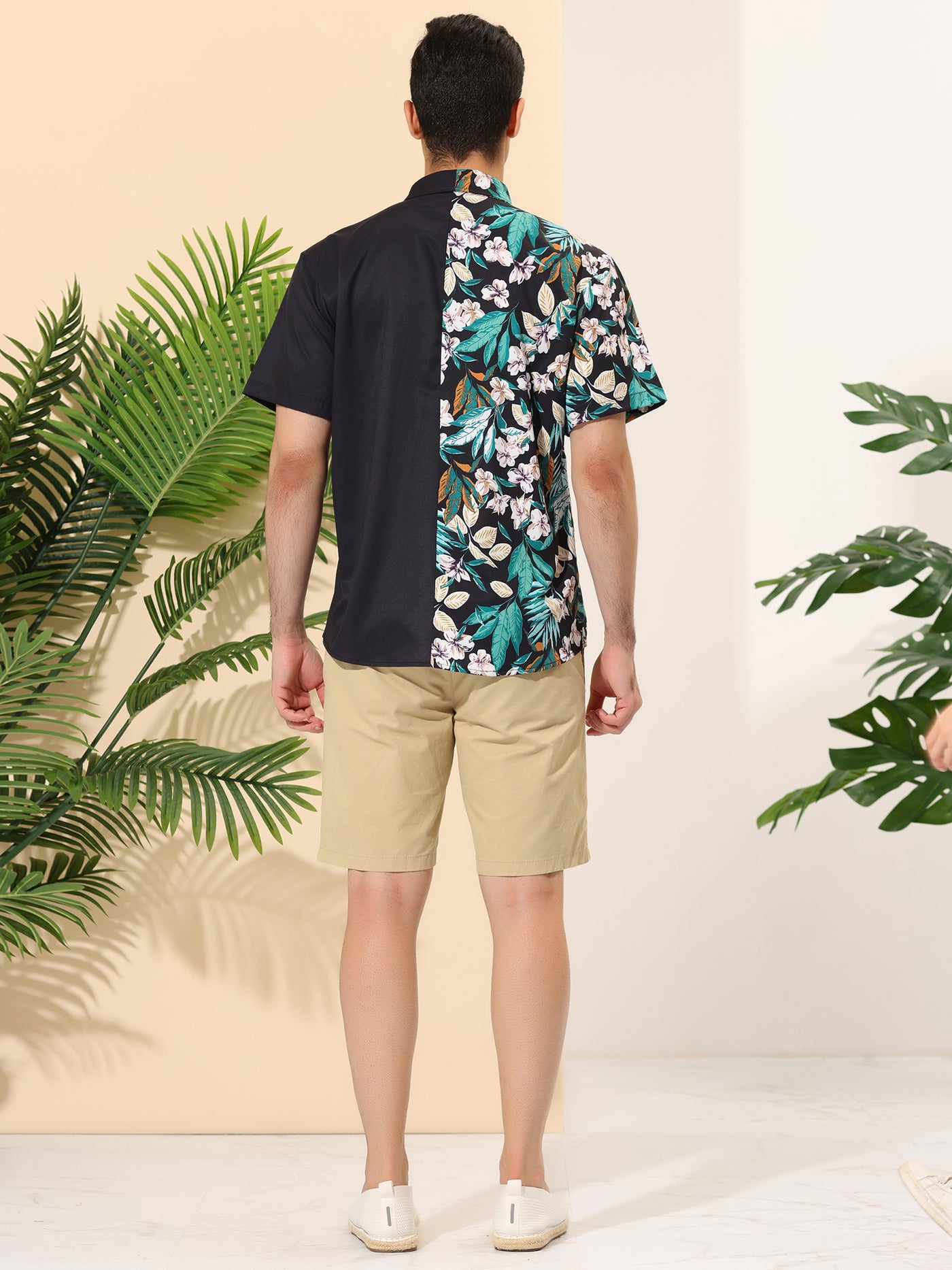 Bublédon Floral Printed Patchwork Point Collar Hawaiian Shirt