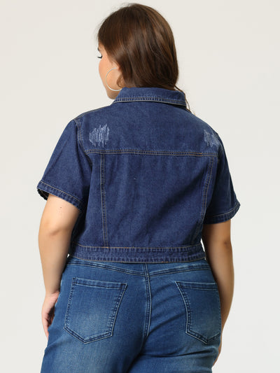 Plus Size Denim Crop Fray Roll Short Sleeves Jean Jackets