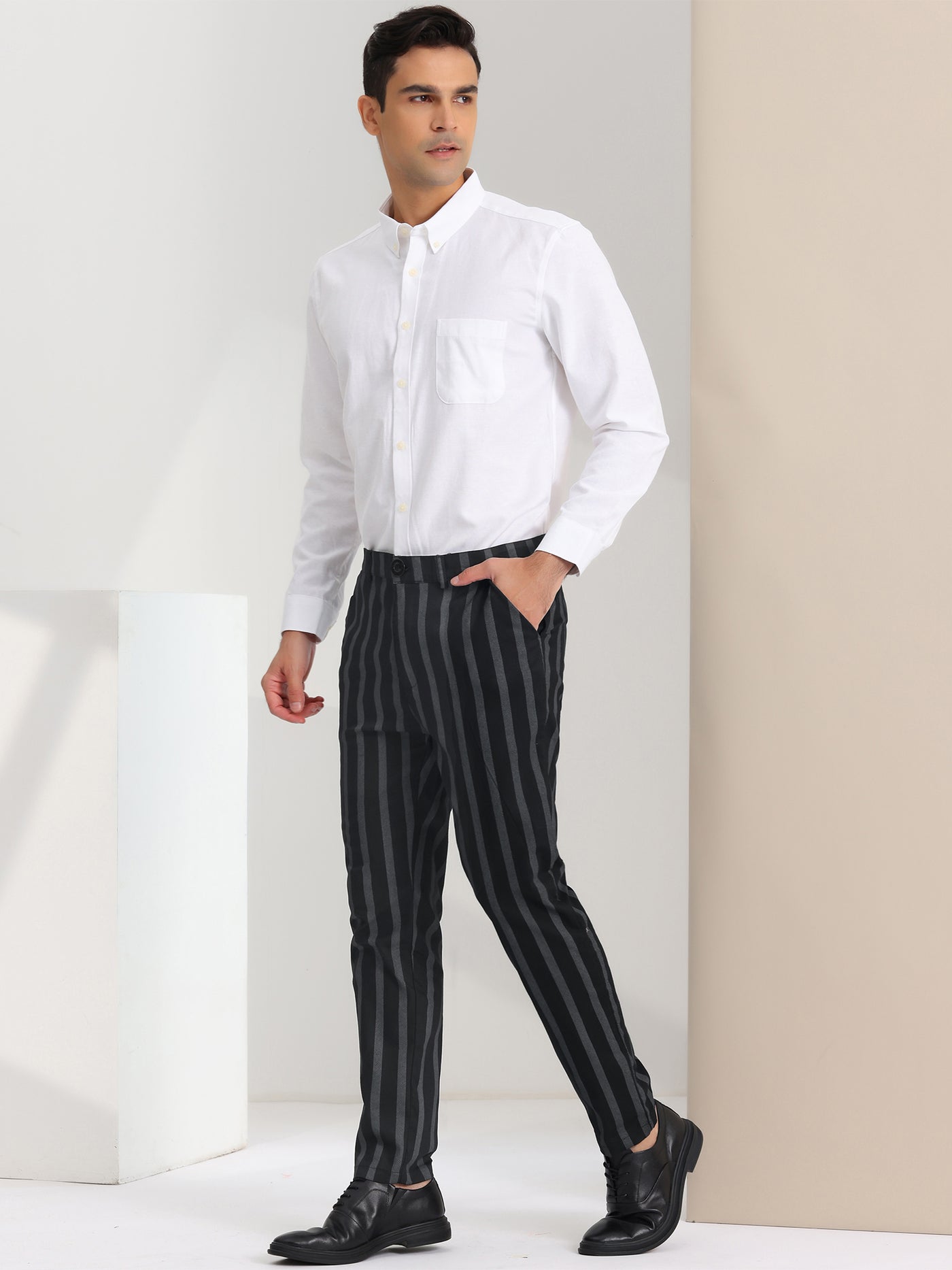 Bublédon Men's Striped Dress Pants Classic Fit Flat Front Pencil Prom Trousers