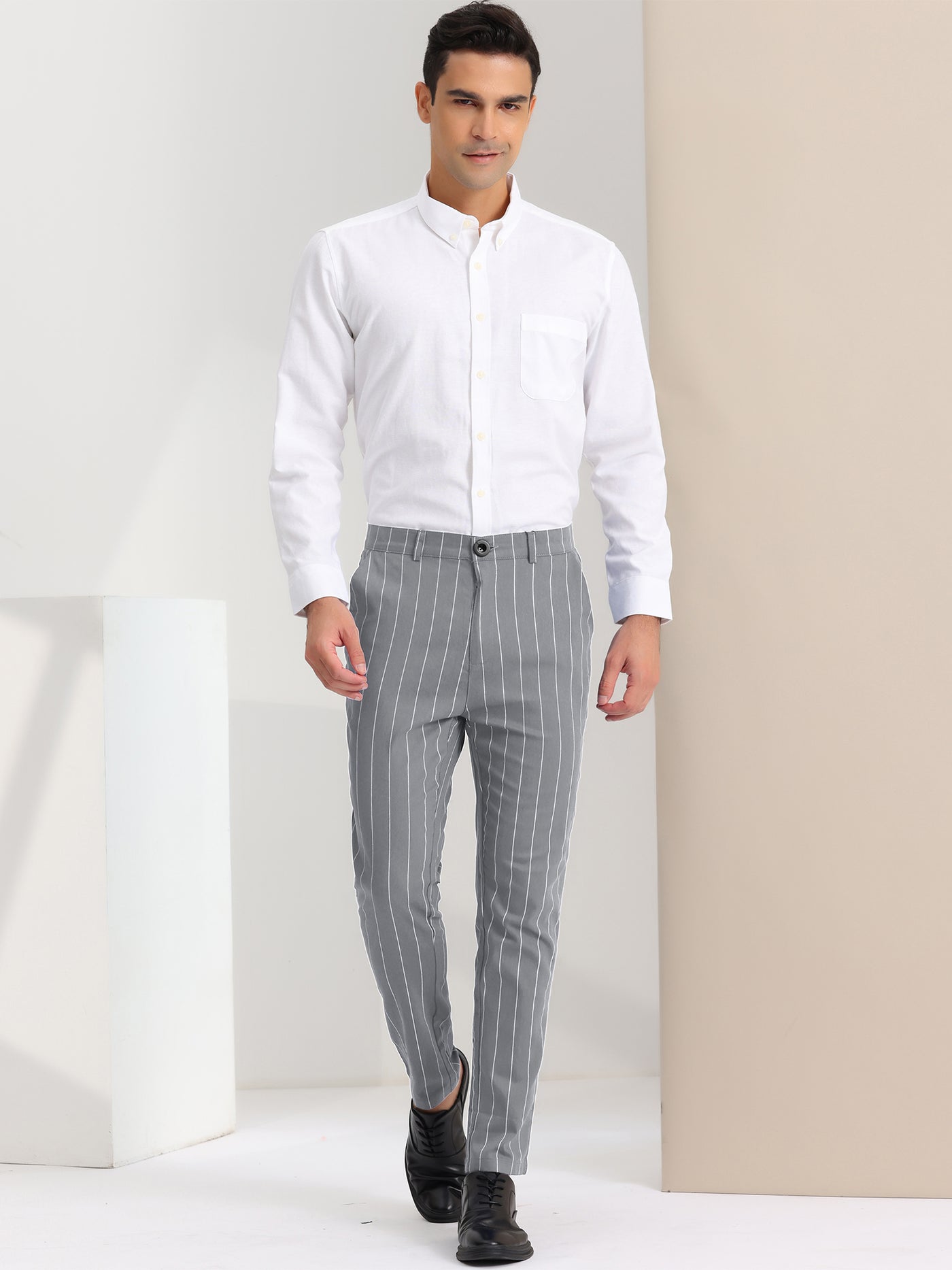 Bublédon Men's Striped Dress Pants Classic Fit Flat Front Pencil Prom Trousers