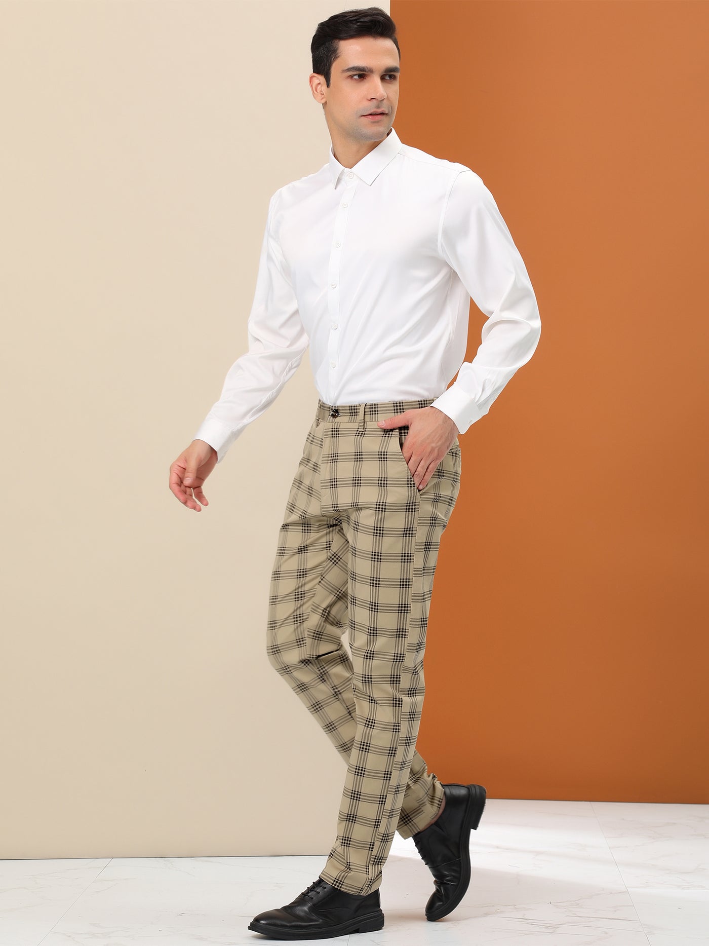 Bublédon Men's Plaid Dress Pants Slim Fit Flat Front Checked Business Pencil Pants