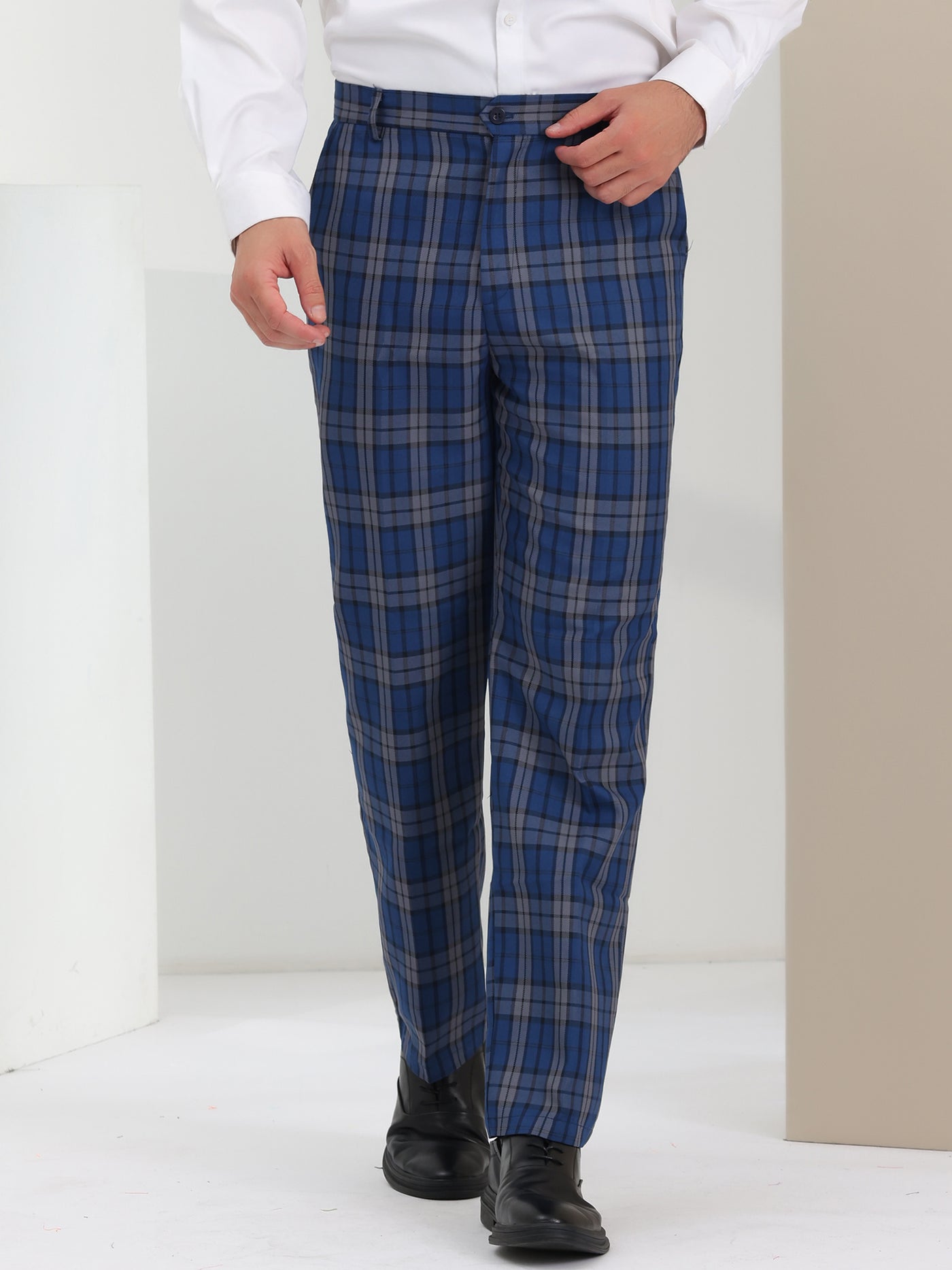Bublédon Men's Plaid Relax Fit Flat Front Checked Office Work Dress Pants