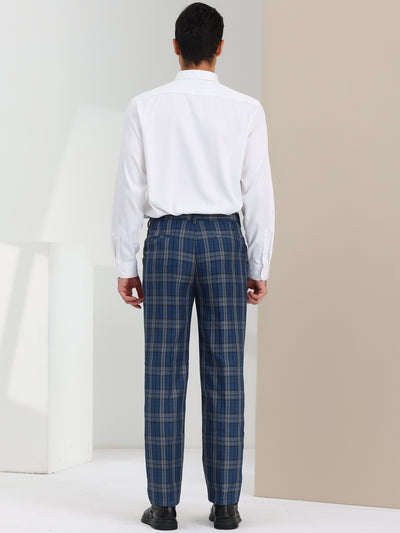 Men's Plaid Relax Fit Flat Front Checked Office Work Dress Pants