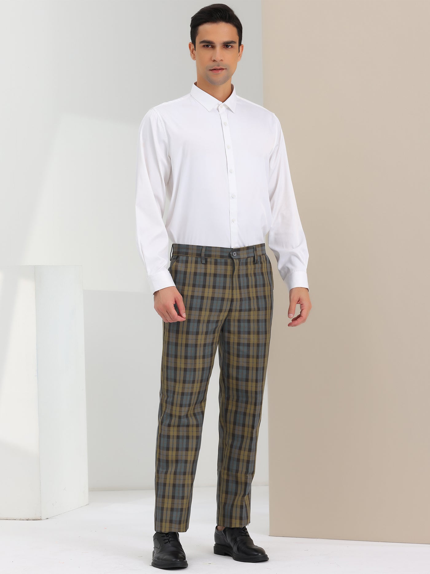 Bublédon Men's Plaid Relax Fit Flat Front Checked Office Work Dress Pants