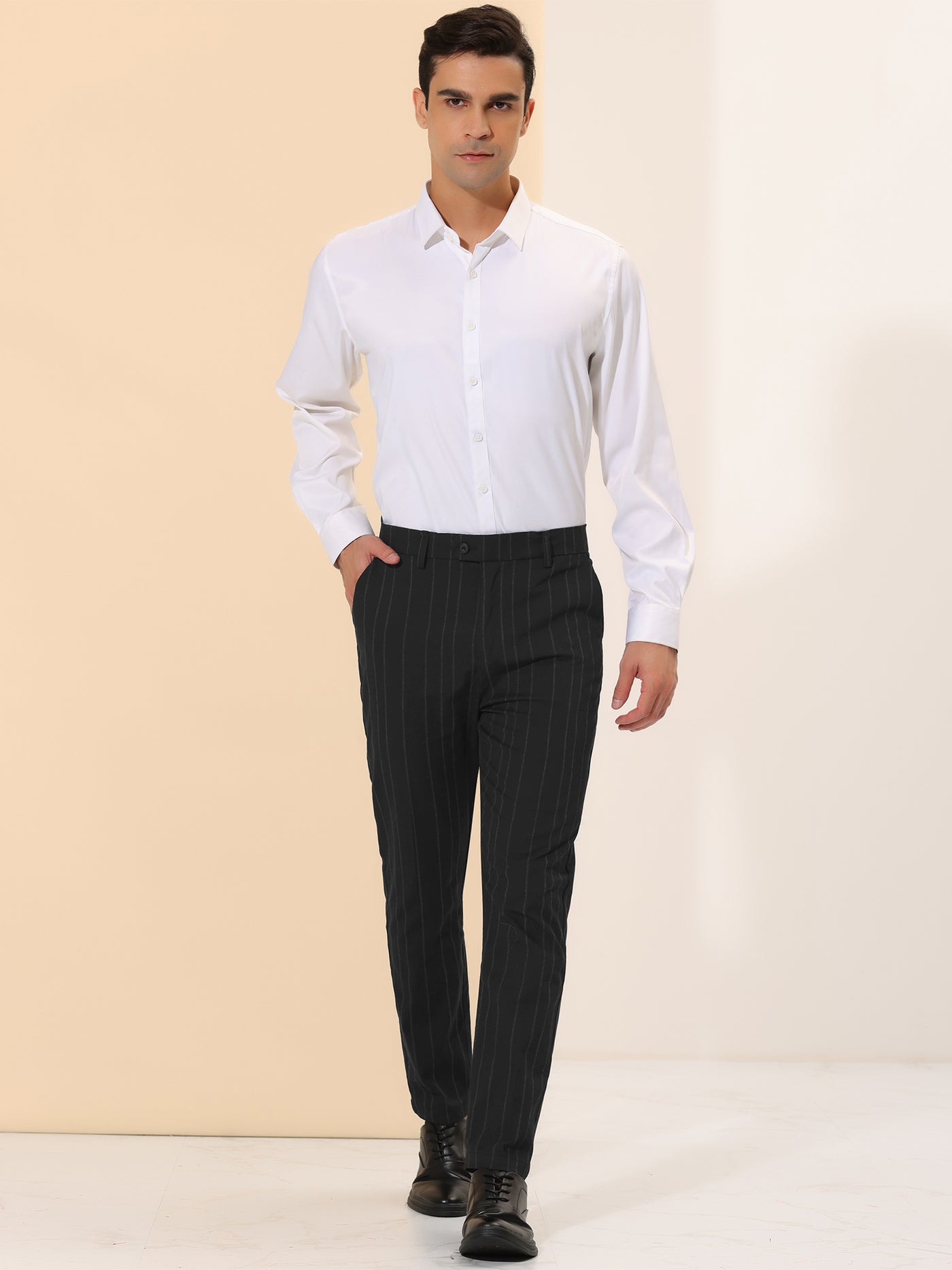 Bublédon Men's Cropped Slim Fit Flat Front Prom Business Striped Dress Pants
