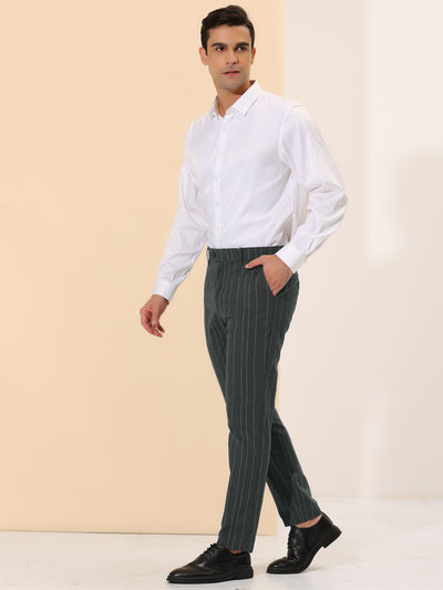 Men's Cropped Slim Fit Flat Front Prom Business Striped Dress Pants