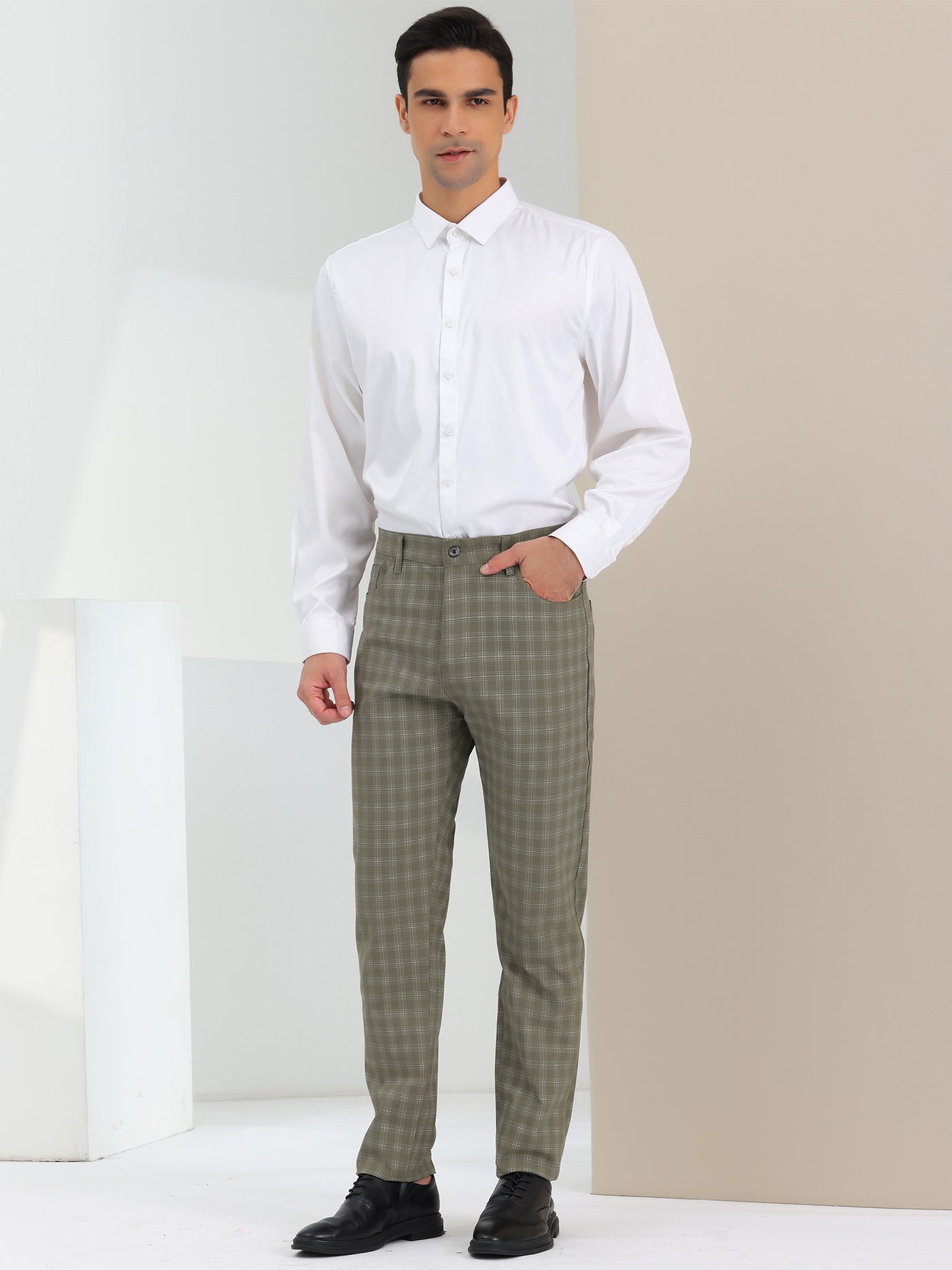 Bublédon Men's Plaid Slim Fit Flat Front Checked Pattern Dress Pants