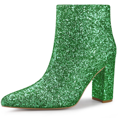 Perphy Christmas Colors Women's Glitter Pointed Toe Chunky Heel Sparkly Booties Ankle Boots