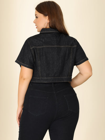 Plus Size Denim Crop Fray Roll Short Sleeves Jean Jackets