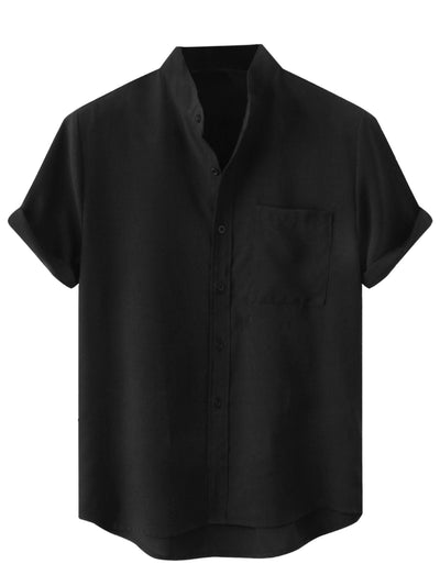 Summer Solid Stand Collar Short Sleeve Linen Shirt