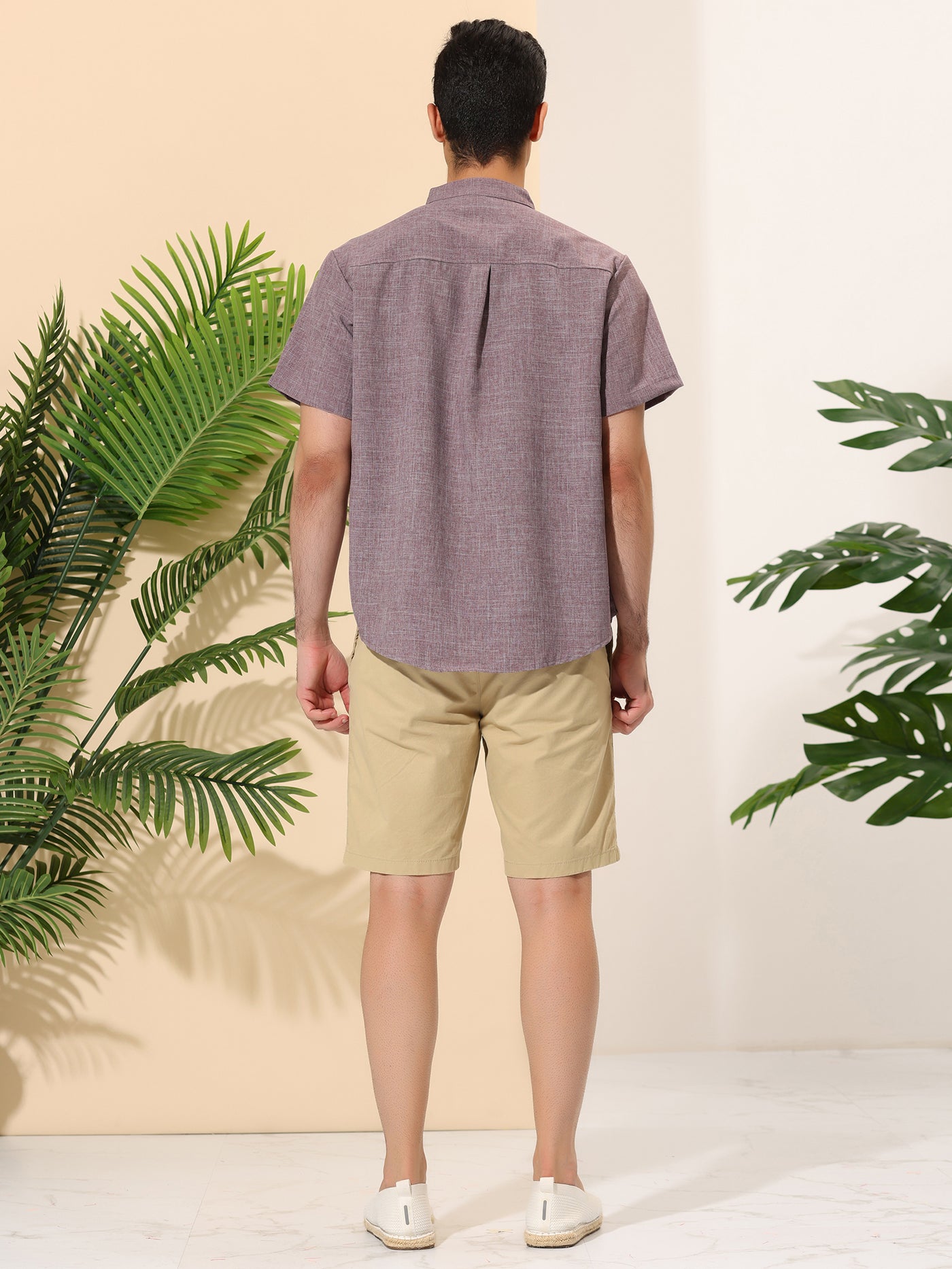 Bublédon Summer Solid Stand Collar Short Sleeve Linen Shirt