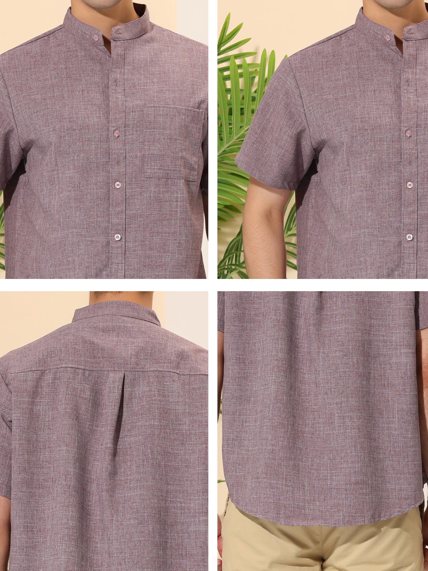 Bublédon Summer Solid Stand Collar Short Sleeve Linen Shirt