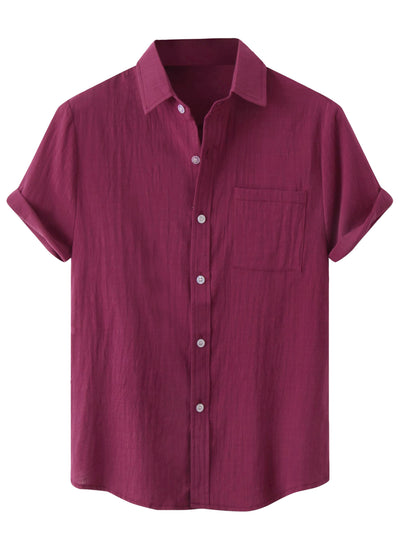 Linen Short Sleeve Point Collar Solid Summer Shirt
