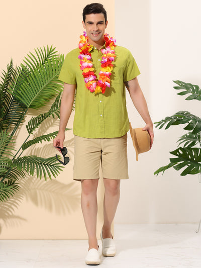 Bublédon Linen Short Sleeve Point Collar Solid Summer Shirt
