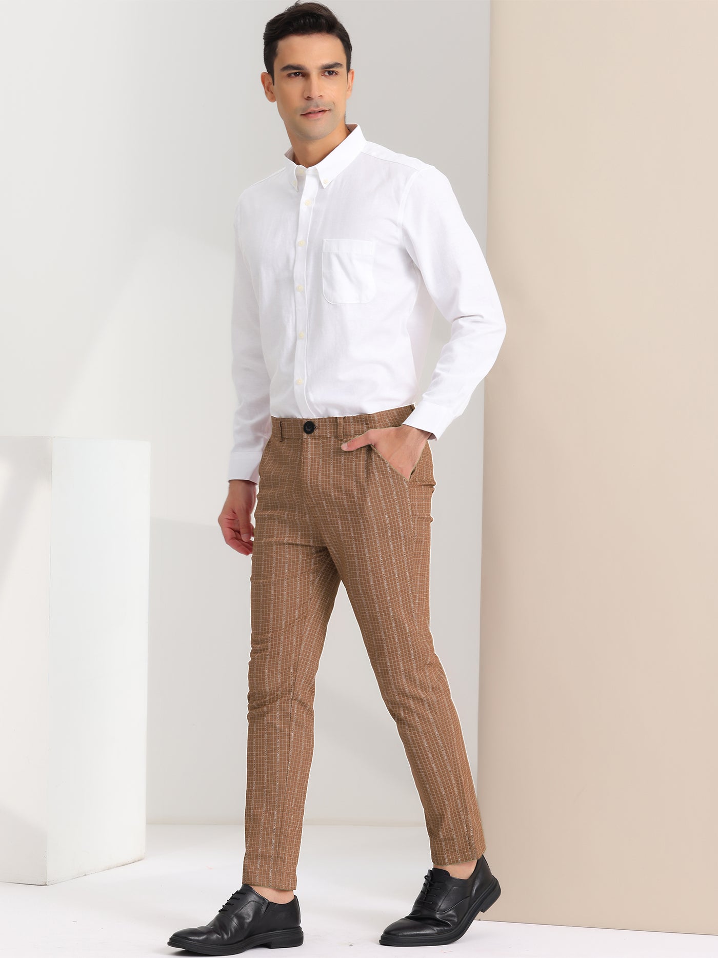 Bublédon Men's Plaid Slim Fit Office Prom Stripe Printed Dress Pants