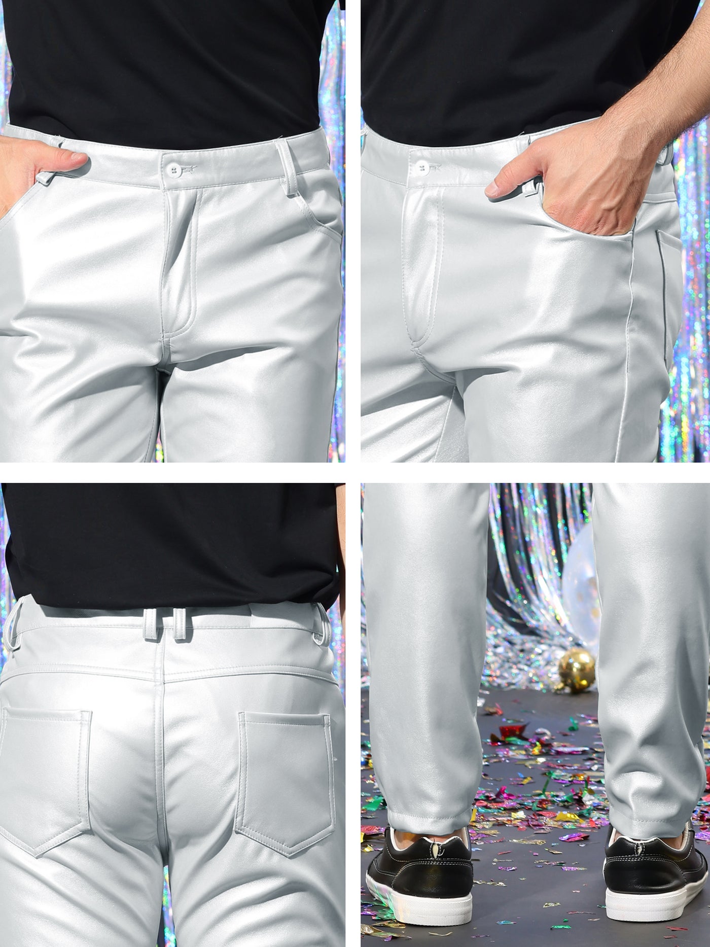 Bublédon Men's Metallic Pants Slim Fit Night Club Disco Shiny Faux Leather Pant
